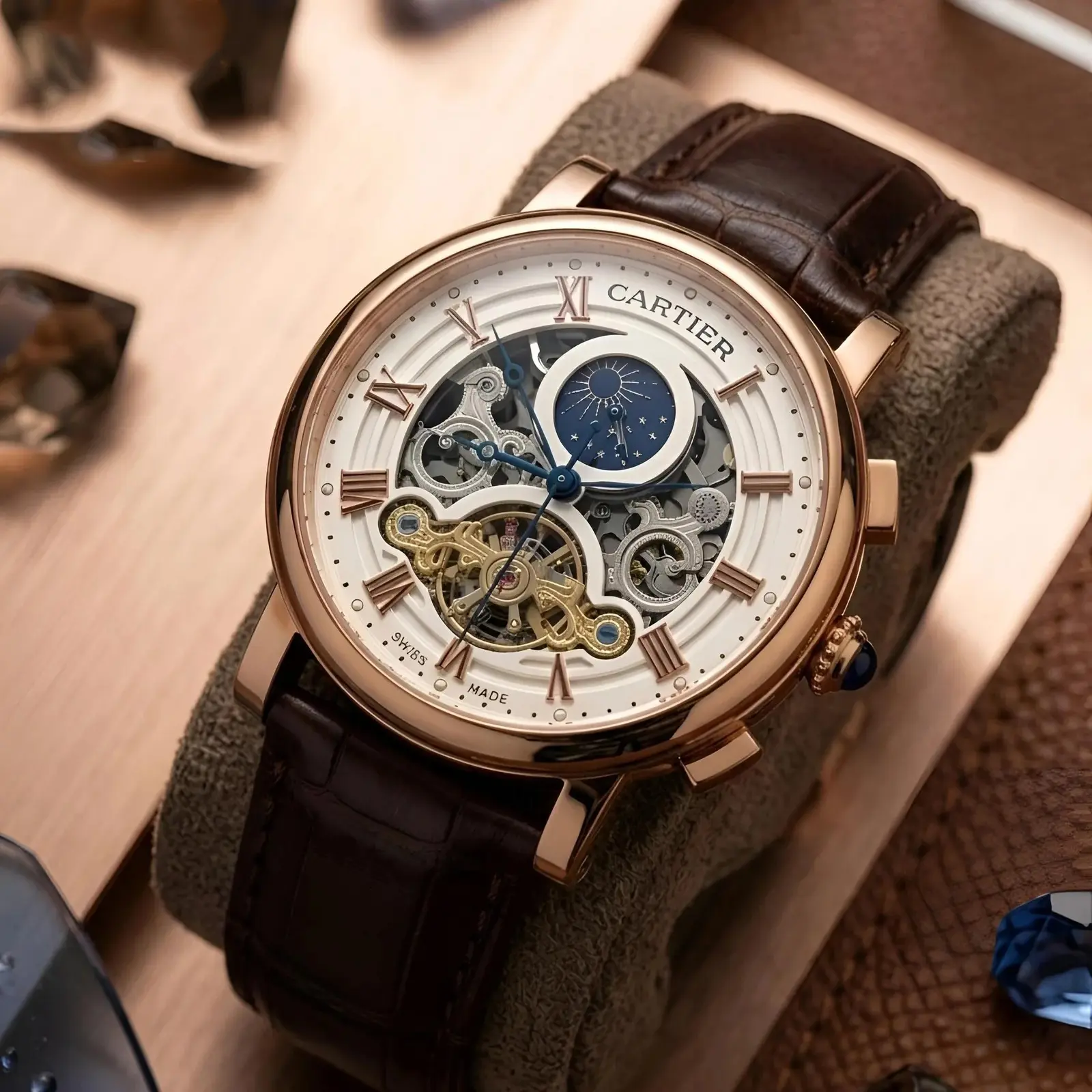 Cartier Automatic Leather Rose Gold White Roman Dial (CTAL9)