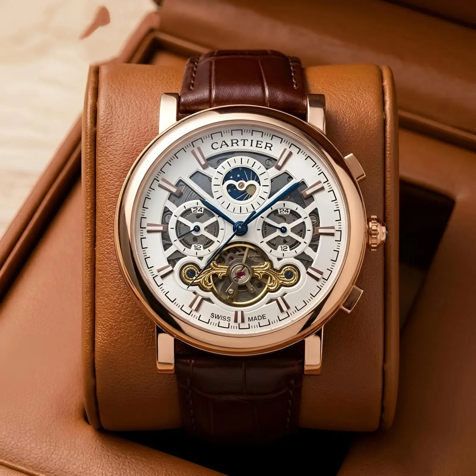 Cartier Automatic Leather Rose Gold White (CTAL8)
