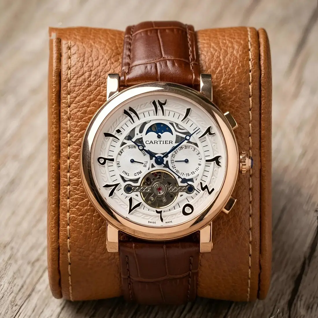 Cartier Automatic Leather Rose Gold White Arabic Dial (CTAL6)