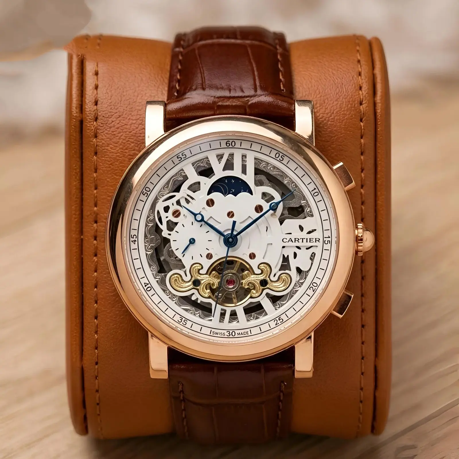 Cartier Automatic Leather Rose Gold White Dial (CTAL11)