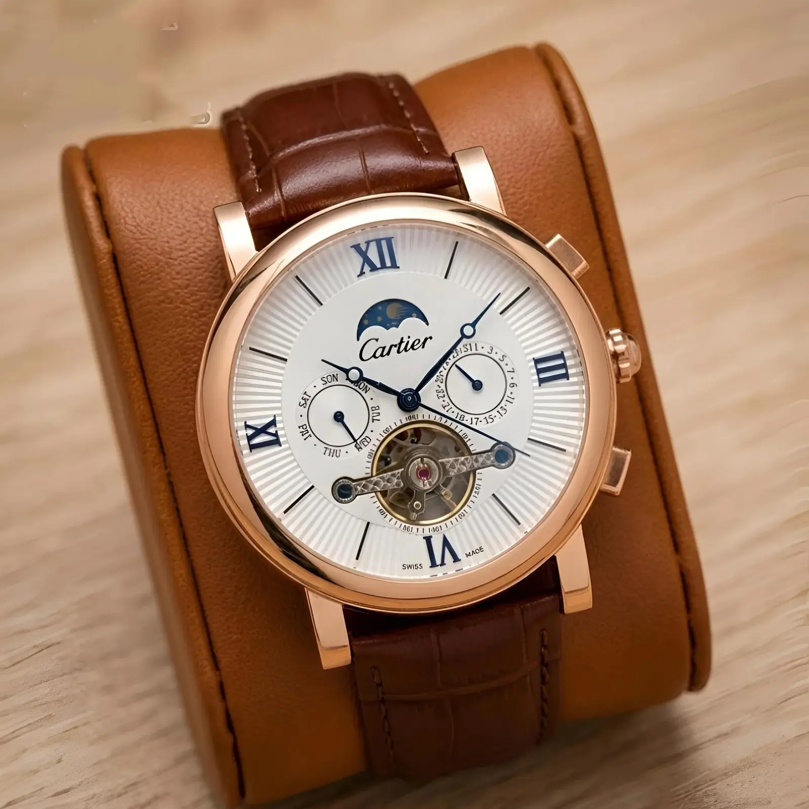 Cartier Automatic Leather Rose Gold White Roman Dial (CTAL7)