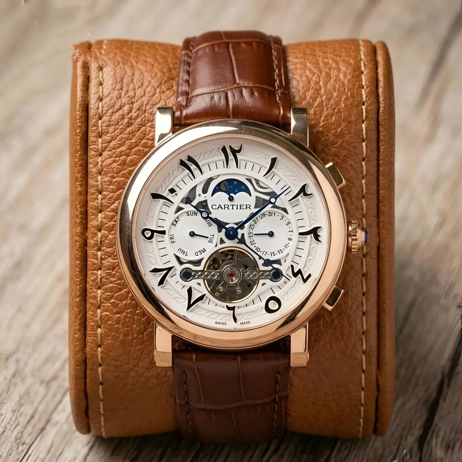Cartier Automatic Leather Rose Gold White Arabic Dial (CTAL6)